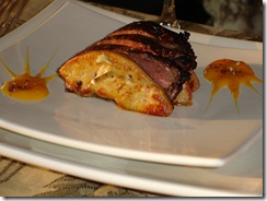 brochette canard laque foie gras poele coulis mangue