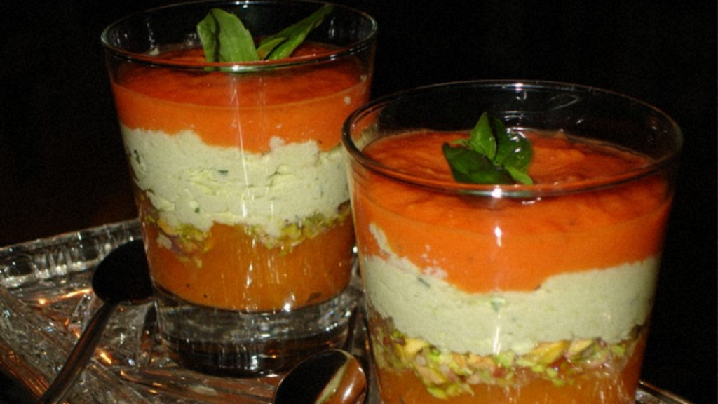 Recette : Verrine de Courge aux Eclats de Pistache et Mousse d’Asperges Vertes Tomatée