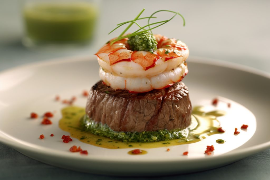 Recette : Filet de Bœuf sur Flan de Courgette et Salsa de Gambas au Pesto