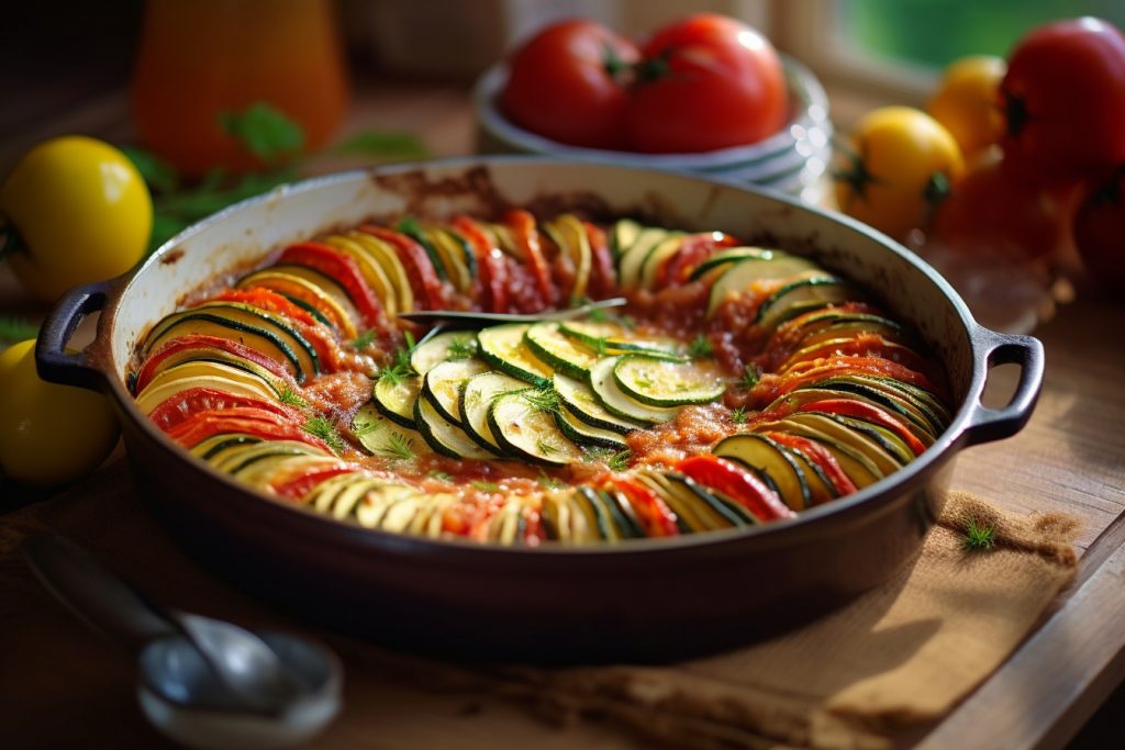 Recette : Tian de Tomate-Courgette au Sainte Maure, Miel et Pignon