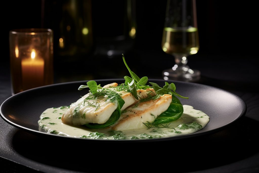 Recette : Filet de Lieu Jaune Poêlé, Raviolis de Poisson et Jus au Basilic