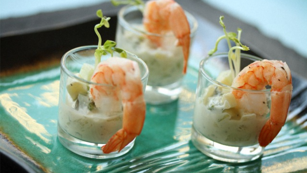 Recette : Verrine Concombre Courgette, Crème Ail Menthe et Gambas