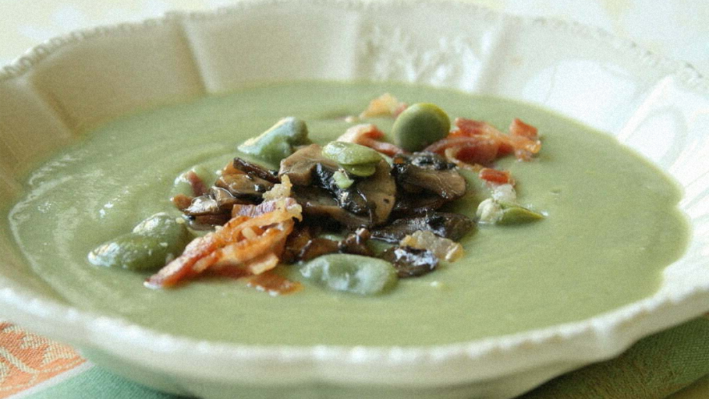 Recette : Velouté de Fève des Marais, Pancetta et Champignon