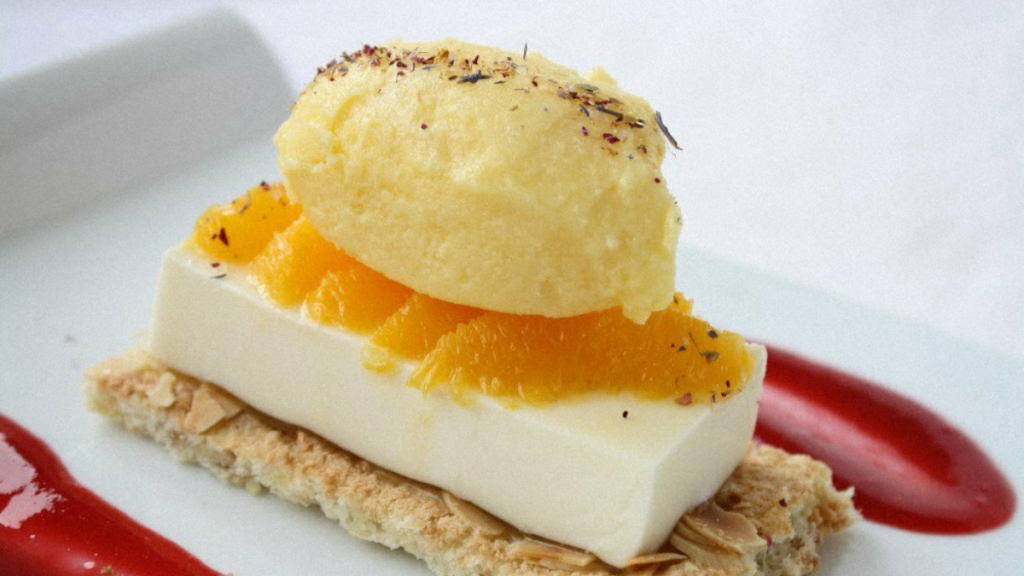 Recette : Dacquoise au Gingembre Pana Cotta au Citron de Pica et Sorbet Orange